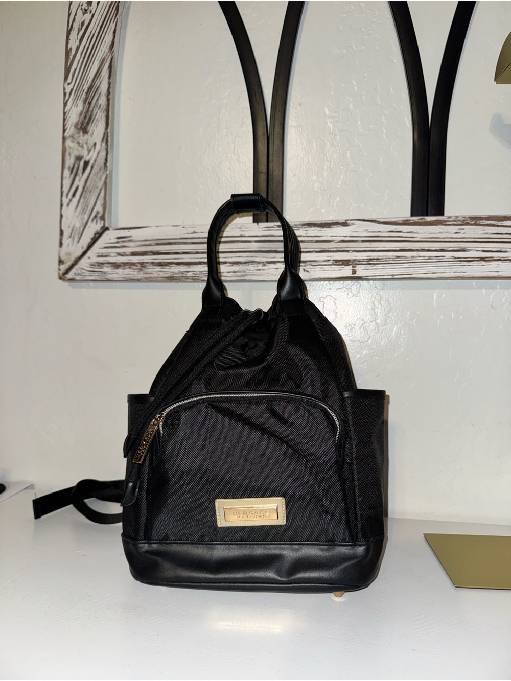 Versace Perfums black nylon backpack bag w gold hardware like new - Picture 3 of 15